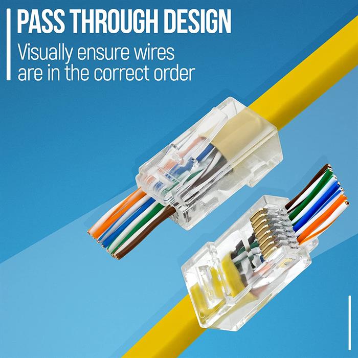 Pass Through Design Cat 6/Cat 5e RJ45 Ends for Solid or Stranded UTP Network Cable