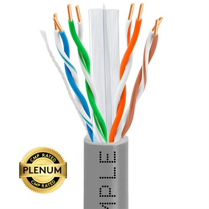 1000ft Cat 6 Plenum Ethernet Cable Gray | Bare Copper | CMP, UTP,  23AWG