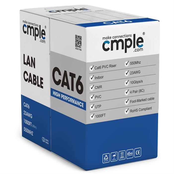 Cat6 Cable 1000ft Bulk Lan Ethernet Cat 6 Wire Network UTP 23AWG CMR Riser 10Gbps 550 MHz Pull Box	