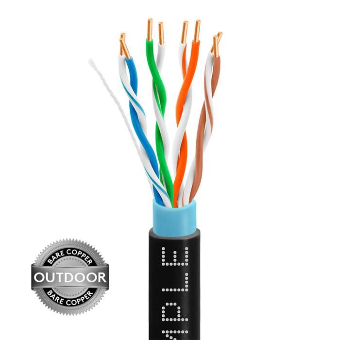 Outdoor CAT5e 1000ft Bare Copper LAN Cable 24AWG Bulk Network Wire, Black