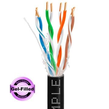 Gel Filled Outdoor CAT5e 1000ft Bare Copper LAN Cable 24AWG Bulk Network Wire, Black