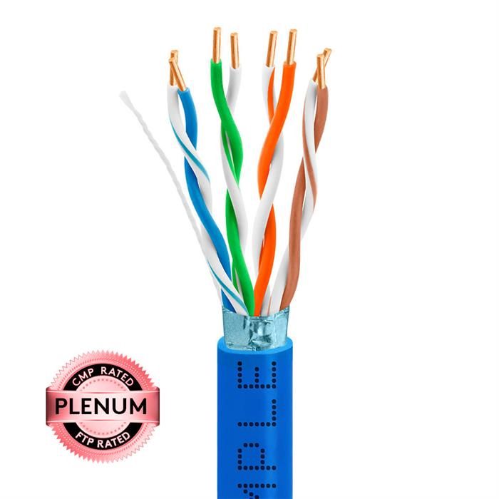 Plenum CAT5e 1000ft Pure Bare Copper LAN Shielded Cable 24 AWG Bulk Network Wire, Blue