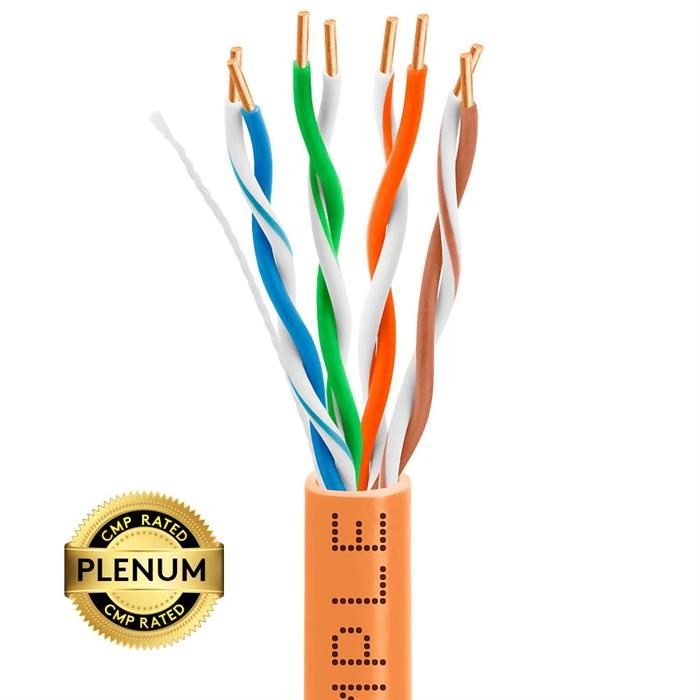 Plenum CAT5e 1000ft Pure Bare Copper LAN Cable 24AWG Bulk Network Wire, Orange	