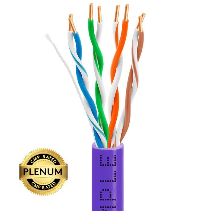 Plenum CAT5e 1000ft Pure Bare Copper LAN Cable 24AWG Bulk Network Wire, Purple