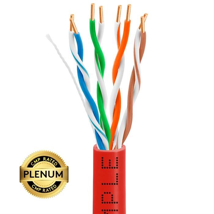 Plenum CAT5e 1000ft Pure Bare Copper LAN Cable 24AWG Bulk Network Wire, Red