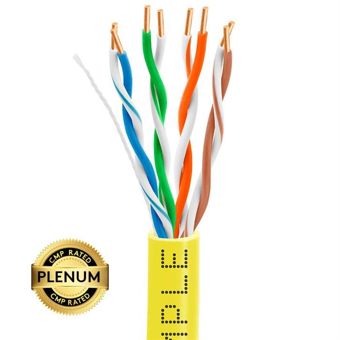 Plenum CAT5e 1000ft Pure Bare Copper LAN Cable 24AWG Bulk Network Wire, Yellow	