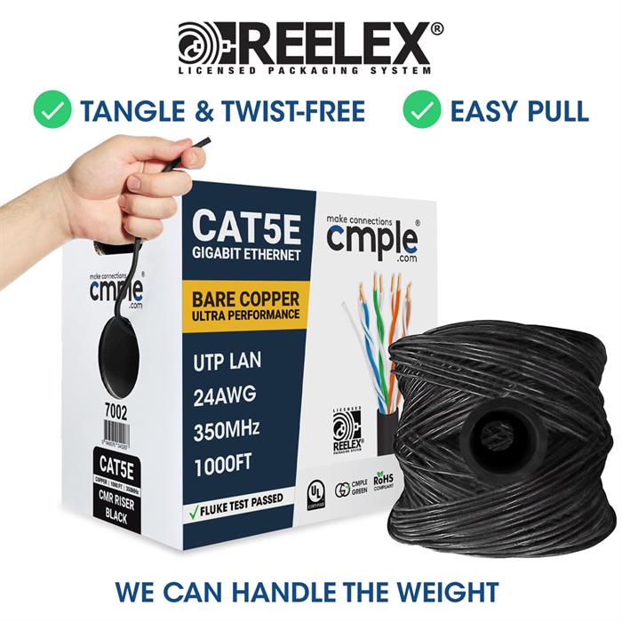 Cat5e Bare Copper Black Ethernet Cable Reelex Packaging for Tangle Free and Effortless Installation