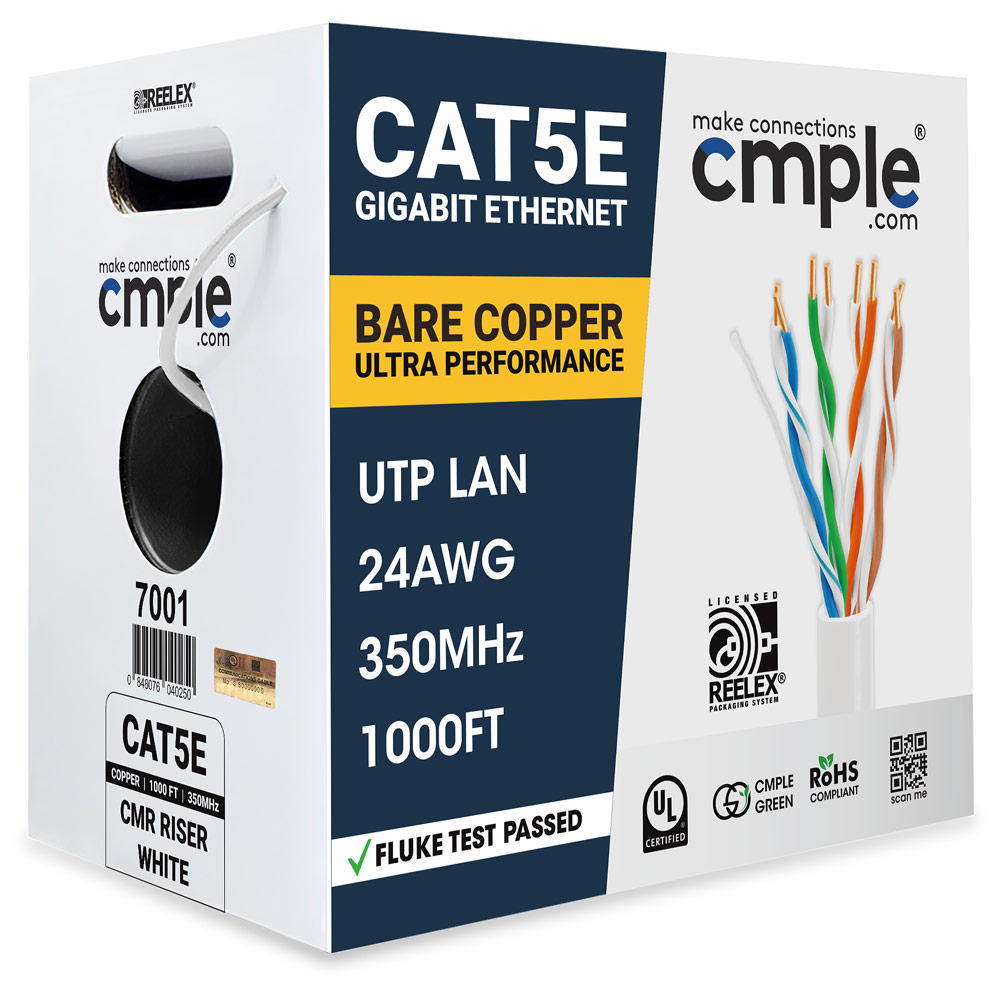 1000ft Cat5e Riser Ethernet Cable White | UL, CMR, 24AWG | Bare Copper