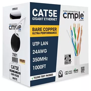 White Cat5e Ethernet Cable, 24AWG, CMR Riser, 550MHz, POE, UTP, 1000FT Bulk RJ45 - UL Listed