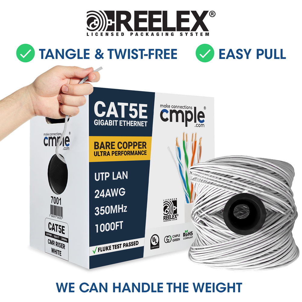 1000ft Cat5e Riser Ethernet Cable White | UL, CMR, 24AWG | Bare Copper