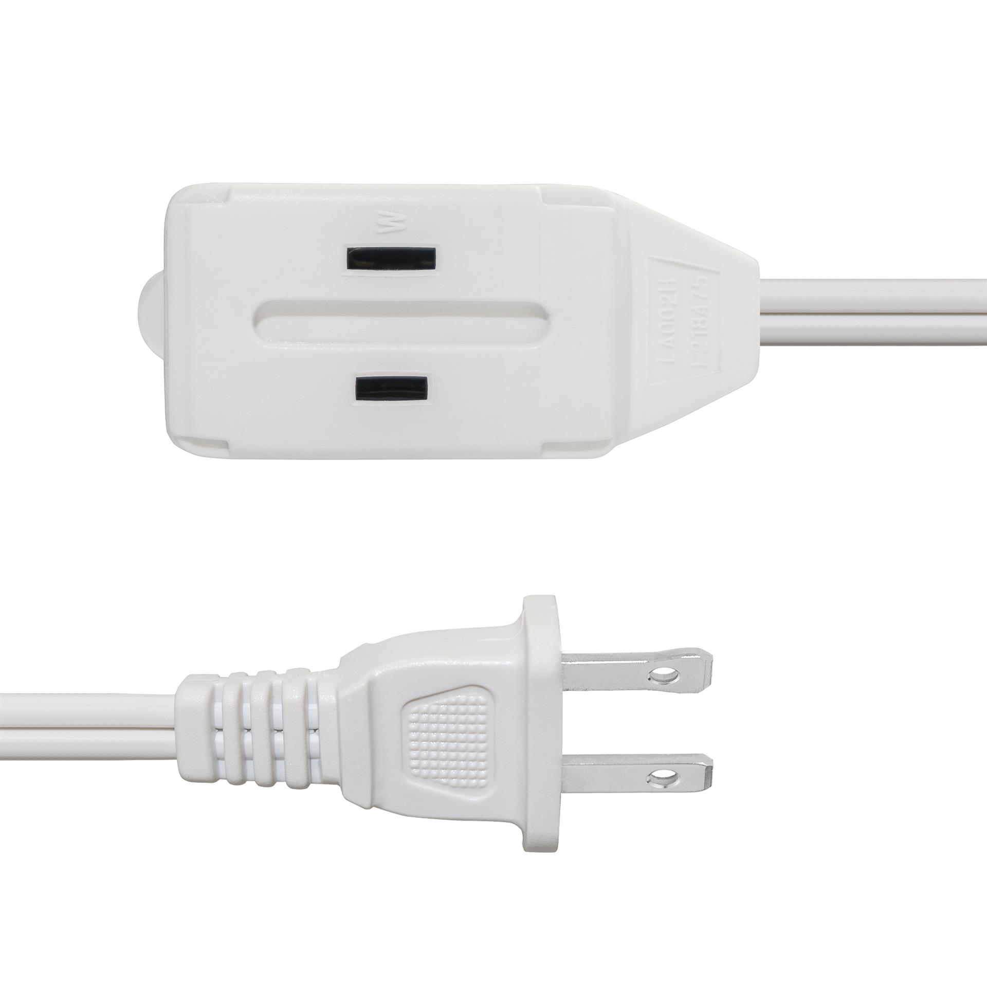 3 Outlet 2 Prong Indoor Light Wall Power Electrical Extension Cord Cable White 