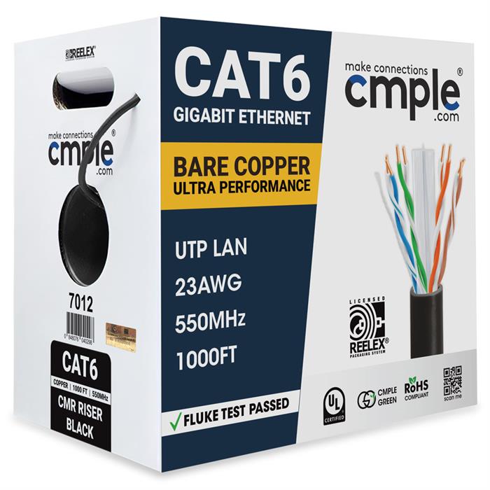 Black Cat6 Ethernet Cable, 23 AWG, CMR Riser, 550MHz, POE, UTP, 1000FT Bulk RJ45 - UL Listed	