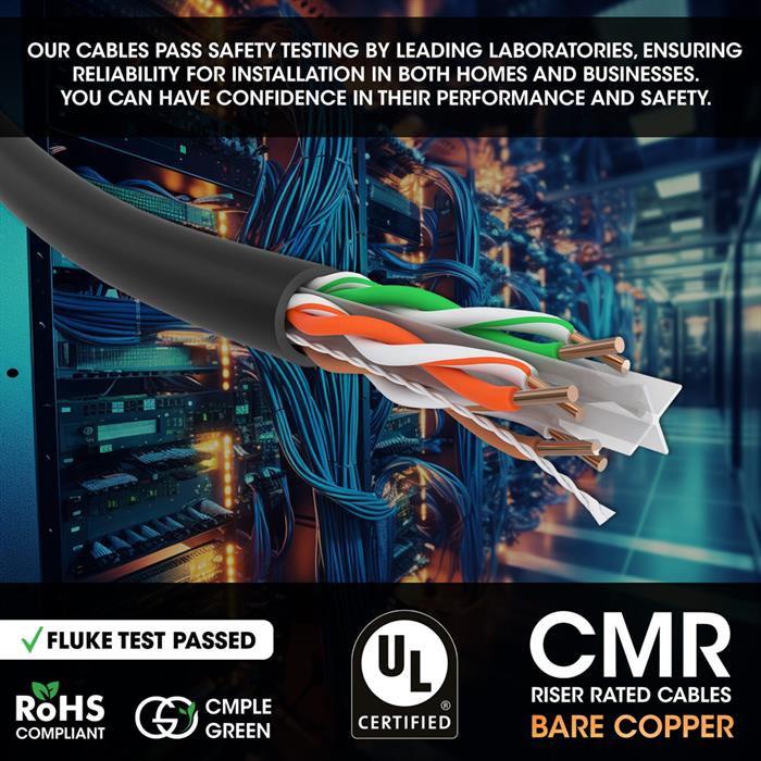 Fluke Test Passed Rohs UL CMR Riser Rated Cat6 Cable Flame Retardant, Cat6 Black LAN UTP Cable 1000 Foot