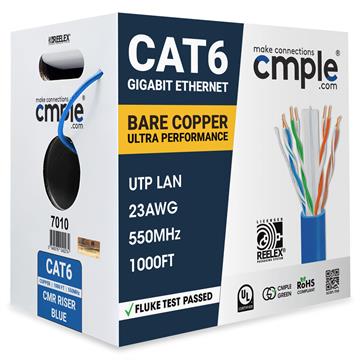 Blue Cat6 Ethernet Cable, 23 AWG, CMR Riser, 550MHz, POE, UTP, 1000FT Bulk RJ45 - UL Listed