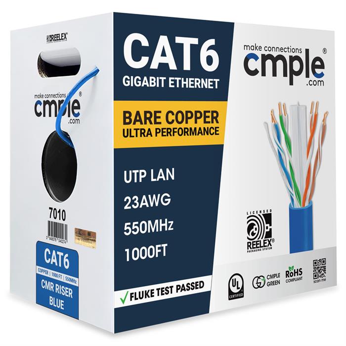 Cat 6 Riser Ethernet Cable Blue | UL, CMR, 23AWG | Bare Copper 1000ft