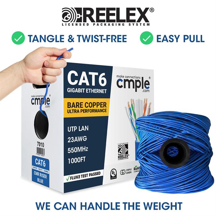 Cat6 Bare Copper Blue Ethernet Cable Reelex Packaging for Tangle Free and Effortless Installation	
