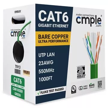 Green Cat6 Ethernet Cable, 23 AWG, CMR Riser, 550MHz, POE, UTP, 1000FT Bulk RJ45 - UL Listed