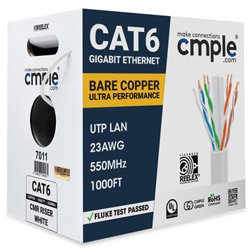 White Cat6 Ethernet Cable, 23 AWG, CMR Riser, 550MHz, POE, UTP, 1000FT Bulk RJ45 - UL Listed	