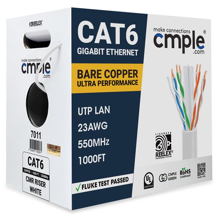 Cat 6 Riser Ethernet Cable White | UL, CMR, 23AWG | Bare Copper 1000ft