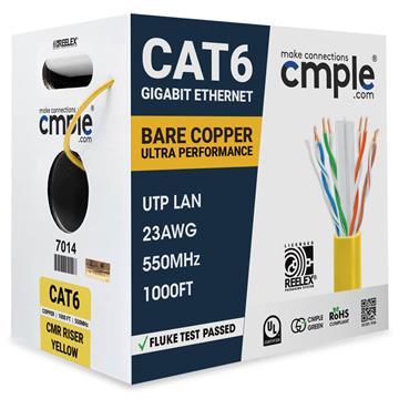 Yellow Cat6 Ethernet Cable, 23 AWG, CMR Riser, 550MHz, POE, UTP, 1000FT Bulk RJ45 - UL Listed	