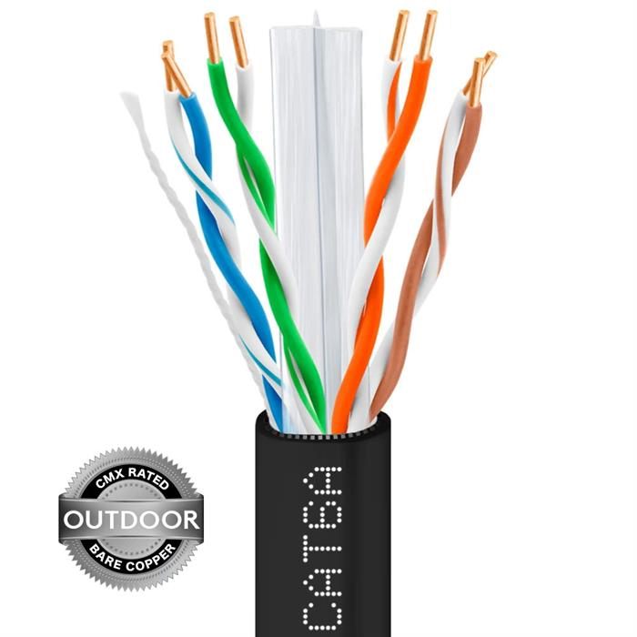 Outdoor CAT6A 1000ft Bare Copper LAN Cable 23AWG Bulk Network Wire, Black