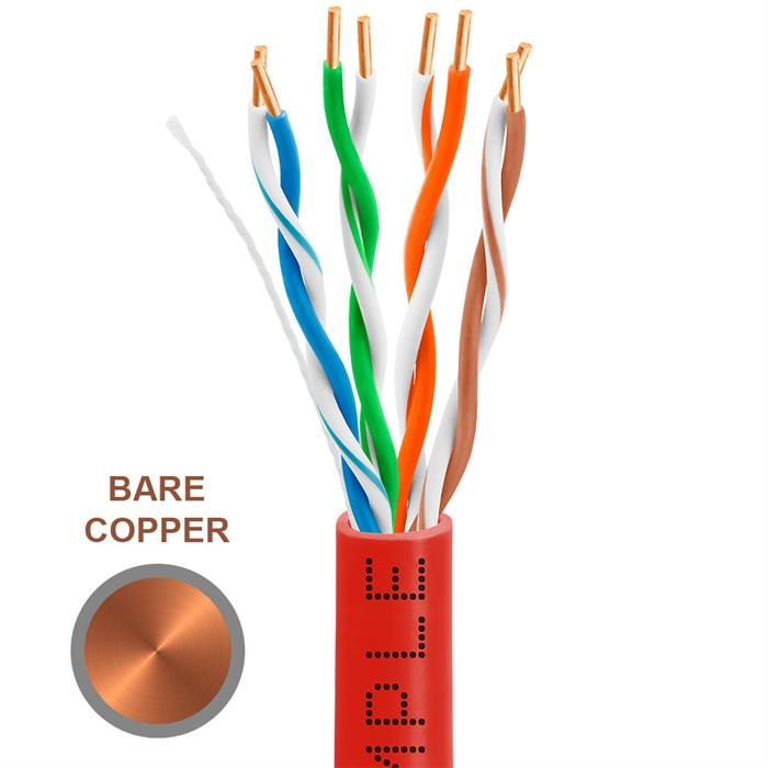 Cat5e 1000ft Riser Ethernet Cable Red | Solid Bare Copper | CMR, 24AWG