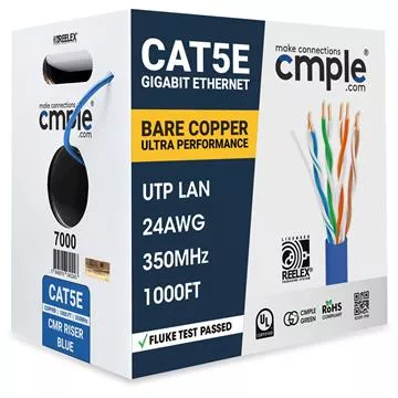 Blue Cat5e Ethernet Cable, 24AWG, CMR Riser, 550MHz, POE, UTP, 1000FT Bulk RJ45 - UL Listed	