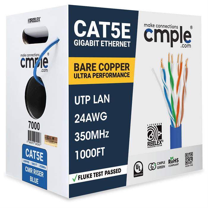 Cat5e Riser Ethernet Cable Blue | UL, CMR, 24AWG | Bare Copper 1000ft