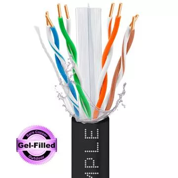 Gel Filled Outdoor CAT6 1000ft Bare Copper LAN Cable 23AWG Bulk Network Wire, Black