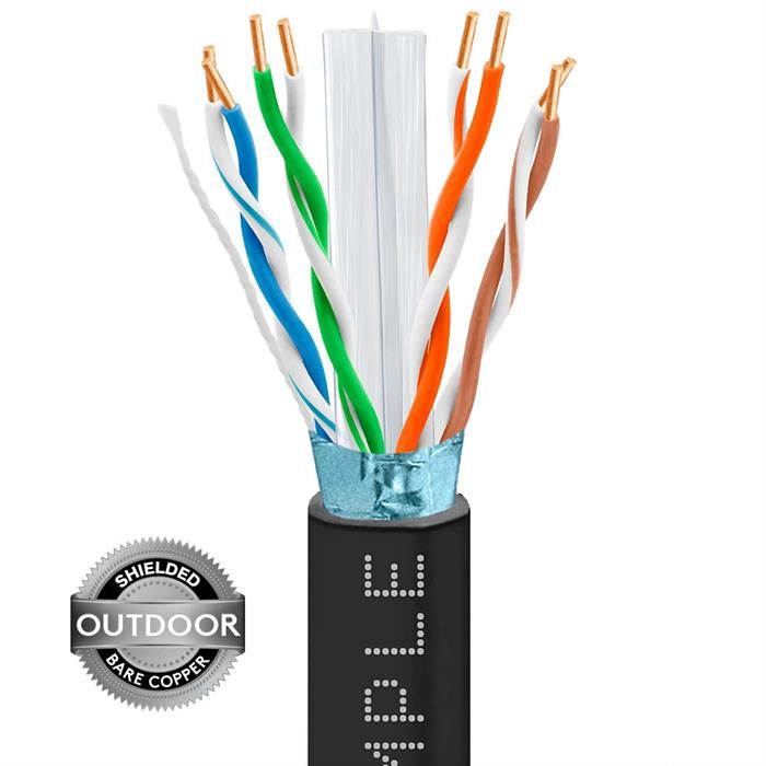 Outdoor CAT6 Shielded 1000ft Bare Copper FTP LAN Cable 23AWG Bulk Network Wire, Black