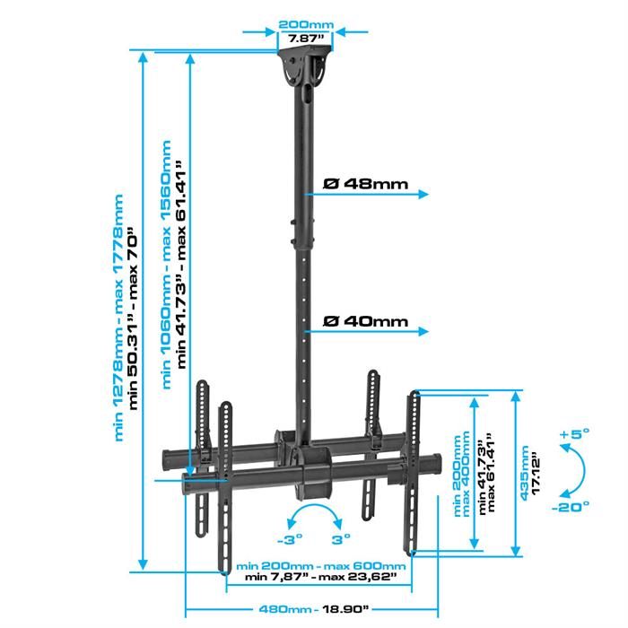 Dimensions - Ceiling TV Mount For Double 32"-55" LED/LCD/Plasma TV's