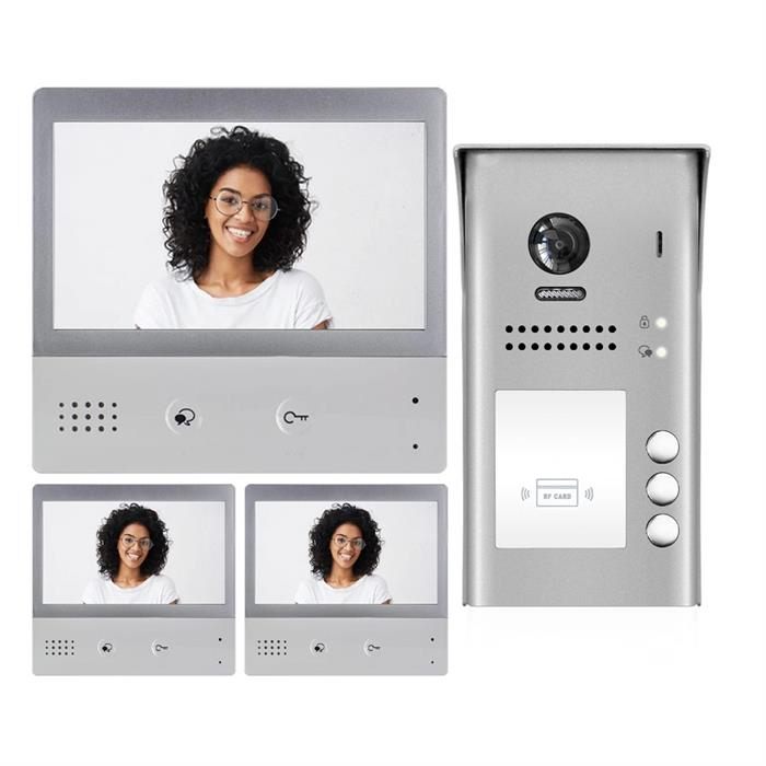 2-Wire Video Doorbell Intercom System with Three Monitors for Three Apartments