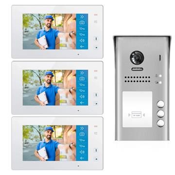 2-Wire Video Doorbell Intercom System with Three Monitors for Three Apartments