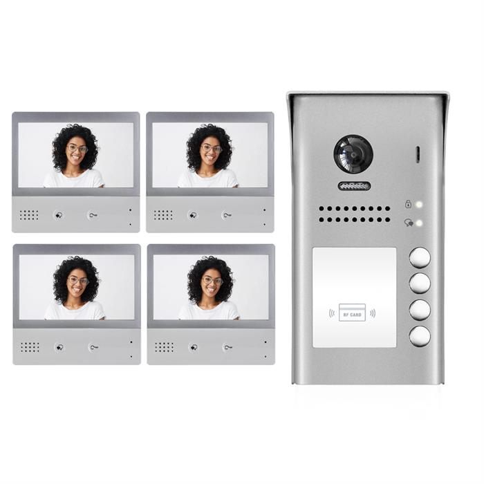 2-Wire Video Doorbell Intercom System with Four Monitors for Four Apartments
