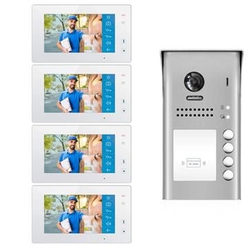 2-Wire Video Doorbell Intercom System with Four Monitors for Four Apartments