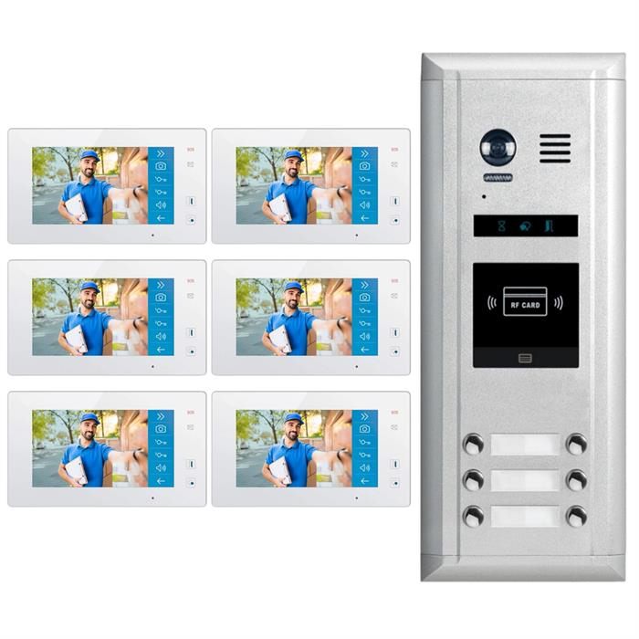 2-Wire Video Doorbell Intercom System with Six Monitors for Six Apartments