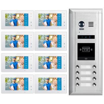 2-Wire Video Doorbell Intercom System with Eight Monitors for Eight Apartments