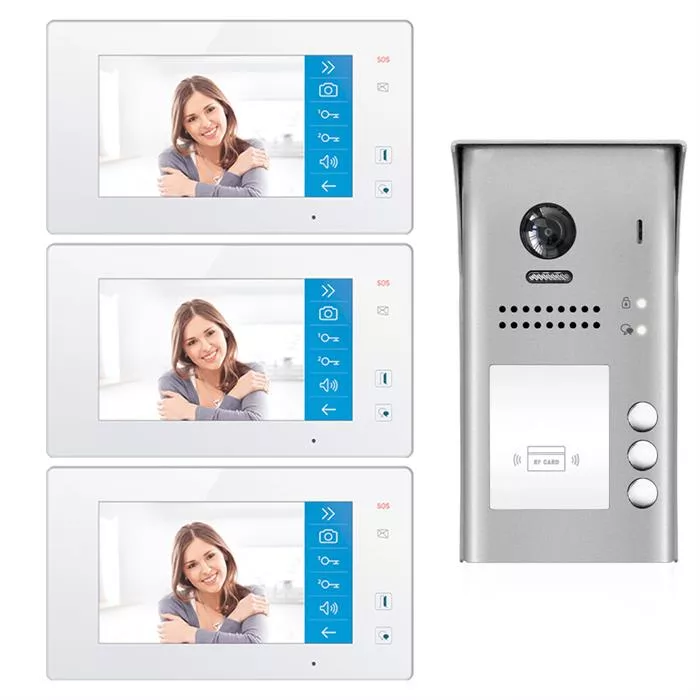 Video Intercom Doorbell System with Three Monitors for Three Apartments	