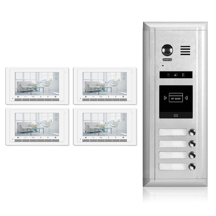 Intercom System for Building | 4 Monitors 7" | 2 Wire 4 Apartment Doorbell | Camera and Door Release - DK1741S/ID