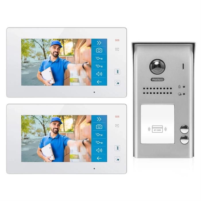 2-Wire Video Doorbell Intercom System with Two Monitors for Two Apartments