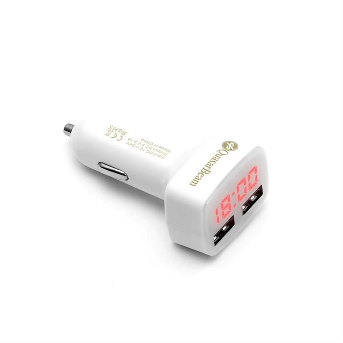 QuasarBeam 4 in 1 USB Dual Port Cigarette Car Charger Battery white