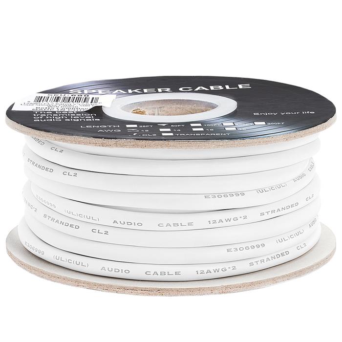 Speaker Wire 50ft 12AWG 2C White | In-Wall | CL2 Speaker Cable