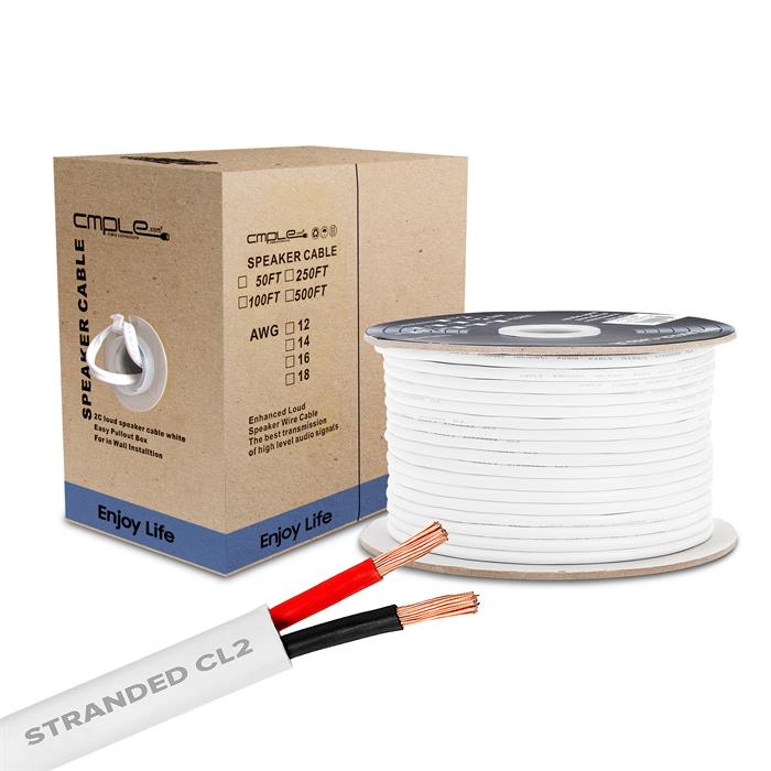Speaker Wire 50ft 12AWG 2C White | In-Wall | CL2 Speaker Cable
