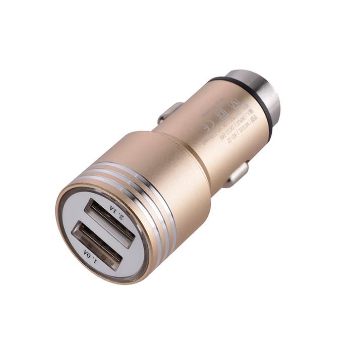 Universal Dual USB Ports Car Charger Adapter, 2.1A-24V, Gold
