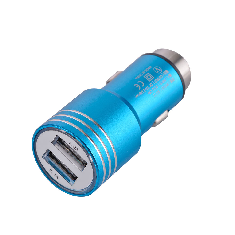 Universal Dual USB Ports Car Charger Adapter, 2.1A24V, Neon Blue