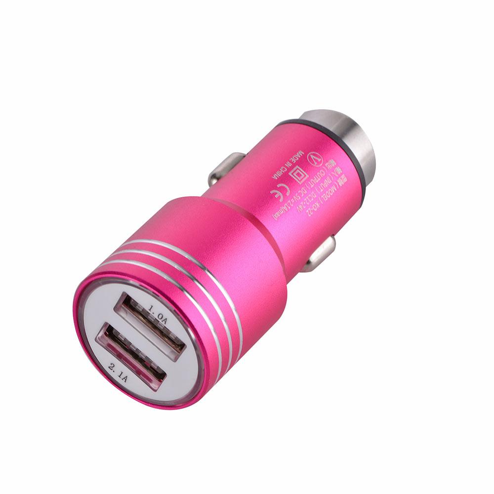 Universal Dual USB Ports Car Charger Adapter, 2.1A24V, Neon Pink
