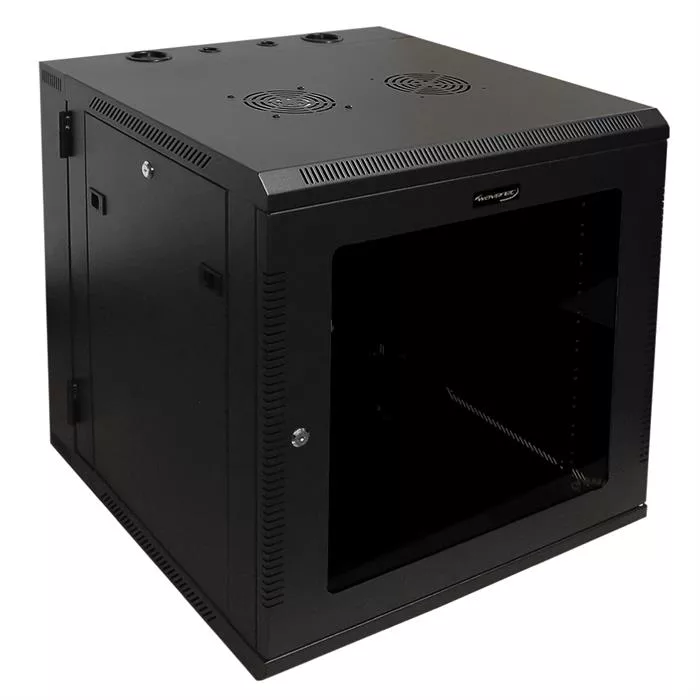 Wavenet - 12U Server Wall Mount Cabinet, 24-inch Depth, Swing-Out Network Enclosure with Locking Tempered Glass Door - Black