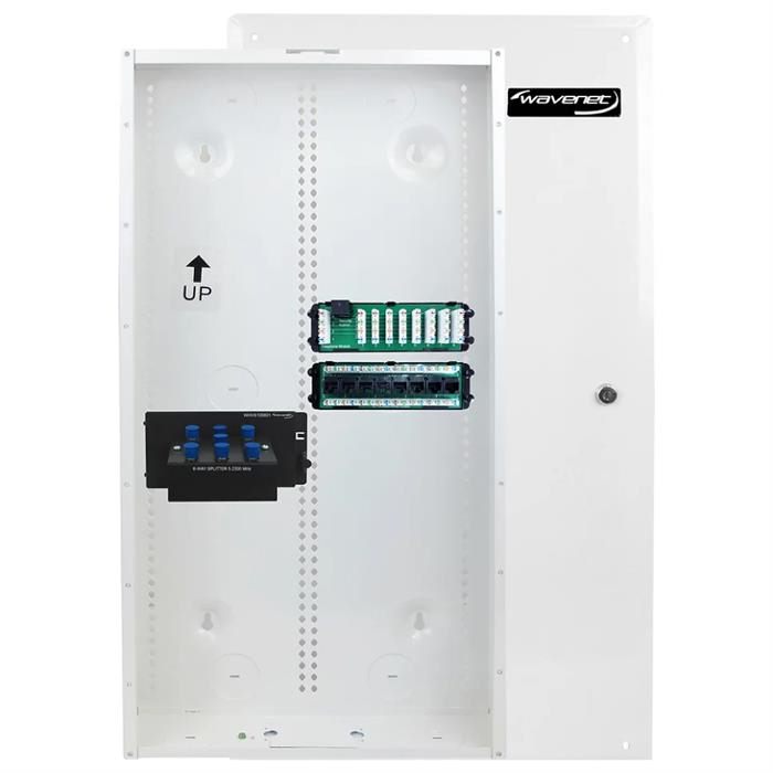 Wavenet – 28” Structured Wiring Enclosure Combo Kit with Three Modules: 8‐Port Cat6 Data, 8-Port Voice Module & 6‐port 2 GHz Video Splitter