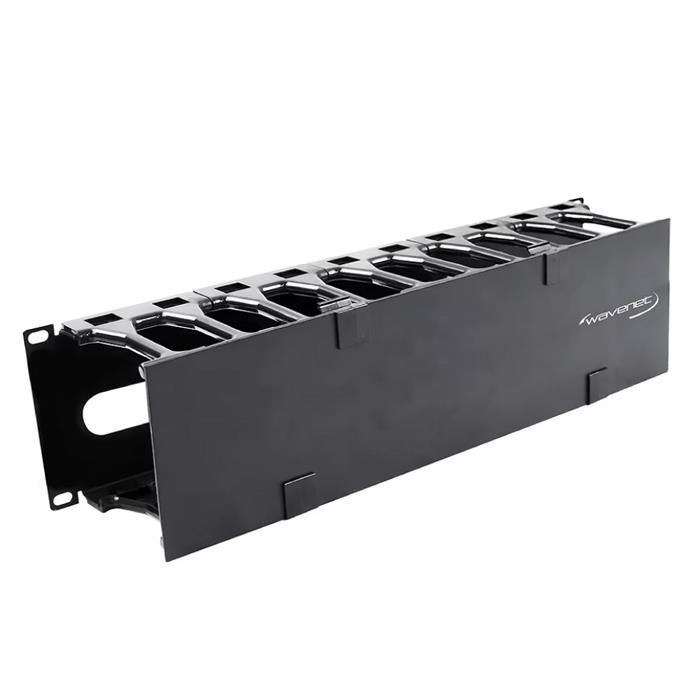 Wavenet – 3U 19" Single‐Sided Horizontal Cable Manager - Plastic Finger Duct with Cover for 2‐Post and 4‐Post Server Racks, Metal – Black