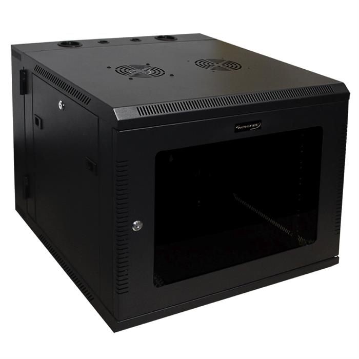 Wavenet - 9U Server Wall Mount Cabinet, 24-inch Depth, Swing-Out Network Enclosure with Locking Tempered Glass Door - Black